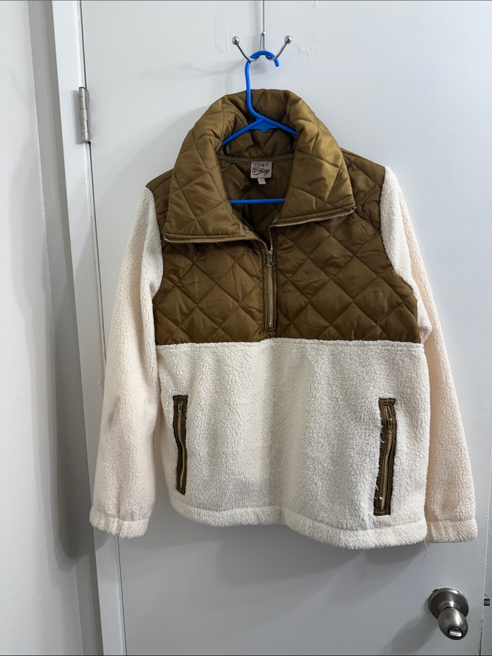Como Vintage Olive Quilted & Cream Sherpa Half-Zip Pullover